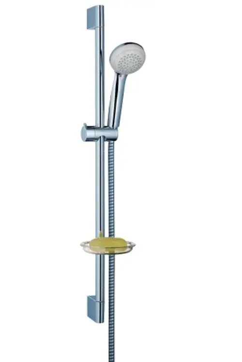 Brauseanlage mit verchromter Stange, Handbrause und Seifenschale. Hansgrohe-Design, zur Montage in Duschbereichen geeignet.
